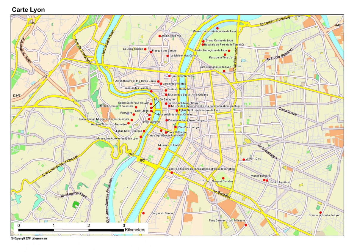 Lyon turistických atrakcí mapě