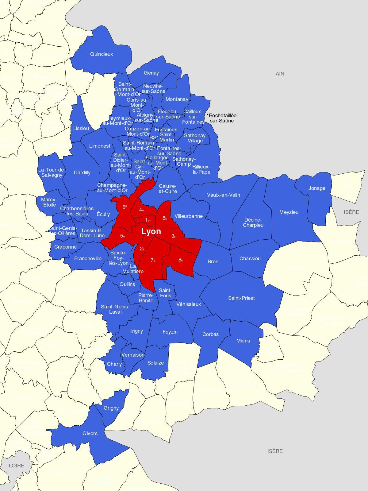 mapa Lyon předměstí 