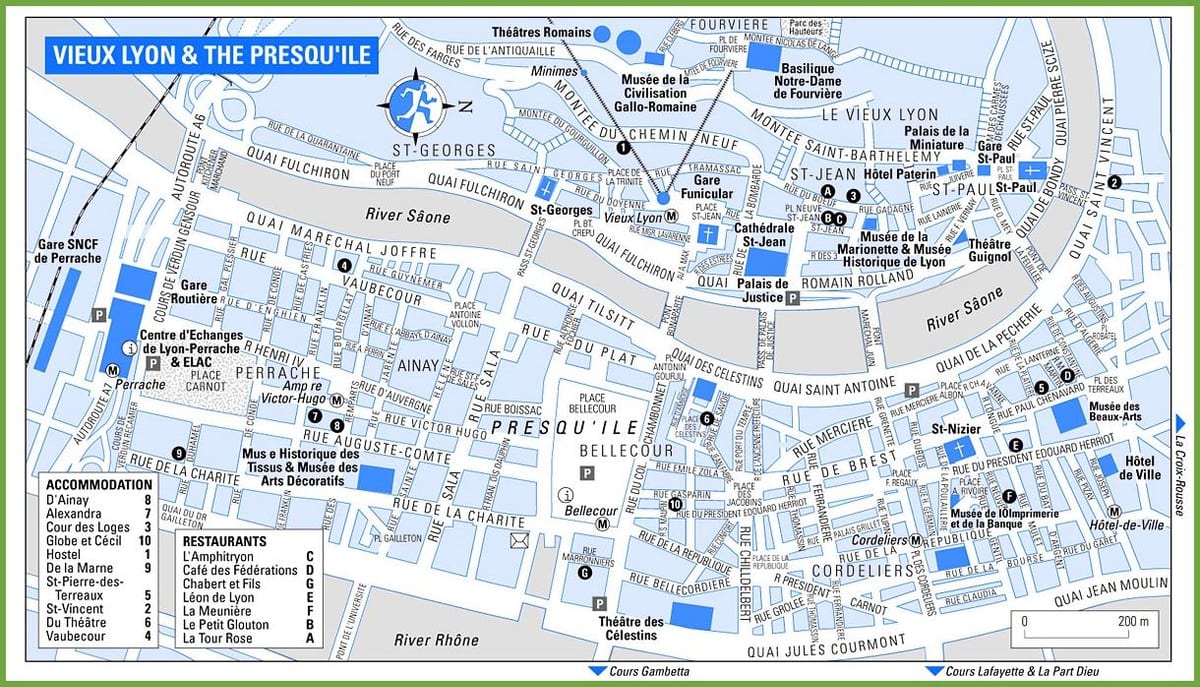 mapa starého města Lyon, francie